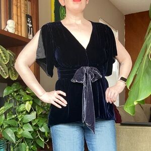 Blue Silk Velvet Women's Top with Bow Jovovich-Hawk